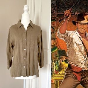 Vintage Safari Vacation Adventure Indiana Jones-Style Shirt Tan/Khaki Linen Sz 0